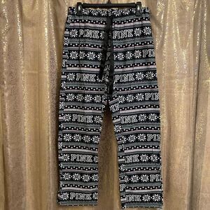 PINK Victorias Secret Black White Holiday Snowflake Pajama Pants, S NWT